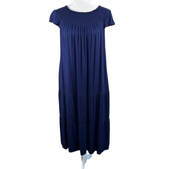 Tommy Bahama Navy Blue Leopard Smocked Tiered Cap Sleeve Midi Shift Dress XS - Picture 1 of 14